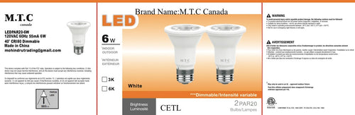 M0002 : LED Par 20 Bulb 6W (6W=60W Halogen), 660 Lumens, 3000K , Warm White, Dimmable, Input Voltage- 85-265V, Lifetime-50,000 Hours, CETL Certified,