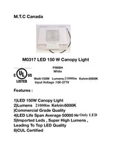 M0317 : LED Canopy Light 150W 21,000lm 6000K Bright White CULOutdoor /Indoor Bright White Waterproof IP65