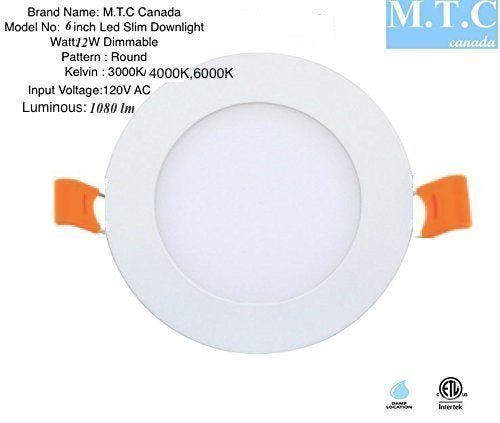 10 Piece Pack LED 6 inch slim panel light Round,Dimmable,12W 3000K(Warm White) CETL Cert.