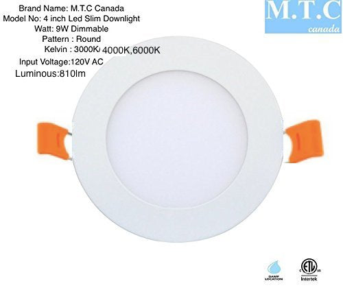 10 Piece Pack LED 4 inch slim panel light Round,Dimmable,9W 810lm6000K/4000K CETL Cert.