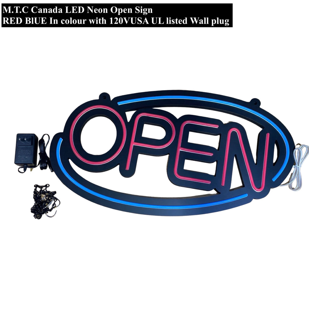 M0617: M.T.C Canada LED Open Sign Neon Comes 12V DC With UL Listed AC/DC Power Supply Size For Neon Sign Is Width 24 Inch And Height 12.8 Inch , RED Blue Super Bright