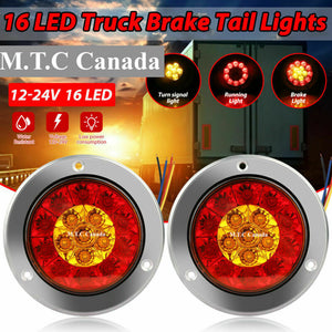 M0605 : 4" Round Red/Amber 16 LED Truck Trailer RV Brake Stop Turn Signal Tail Lights (Pack of 4 Pcs)