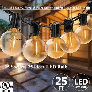 M0366:(Pack of 2 )LED G40 Outdoor Patio String Lights 25ft with 25 Shatterproof LED Clear Bulbs,Warm White 2700K Ambience Indoor & Outdoor Lights CUL Certified