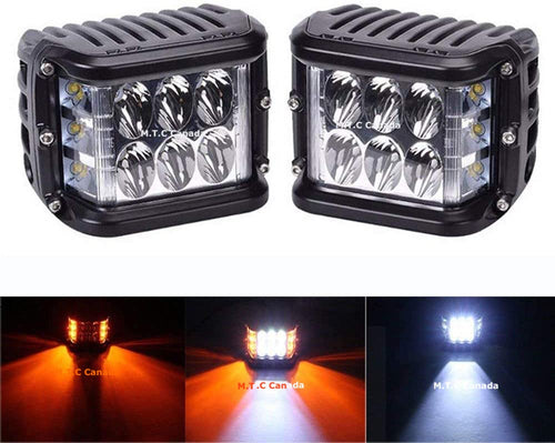 M0462 M.T.C Canada® :Side Shooter LED Pods 4 Inch Strobe Lights Dual Color Light Bar White Amber Fog Lights Flash Yellow Off Road Driving Light for Truck Boat. Pack of 2