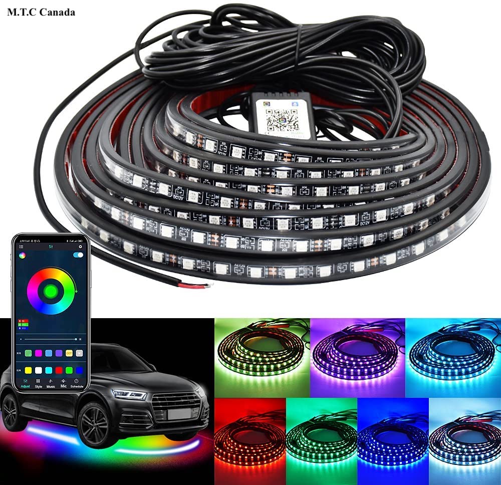 M0566 : M.T.C Canada Car Underglow Lights,4 Pcs Exterior LED Light Kit with 16 Million Colors, Bluetooth BLE App Control,Sync to Music,Waterproof for SUVs,Cars,Trucks.(2 x90CM +2 x 120CM)