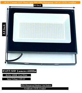 (Pack of 2 Or 4 to choose ) M0640: M.T.C Canada LED Flood Light 50W 6000lm 6000K Cool White Input Voltage AC120V CETL Waterproof Ip65