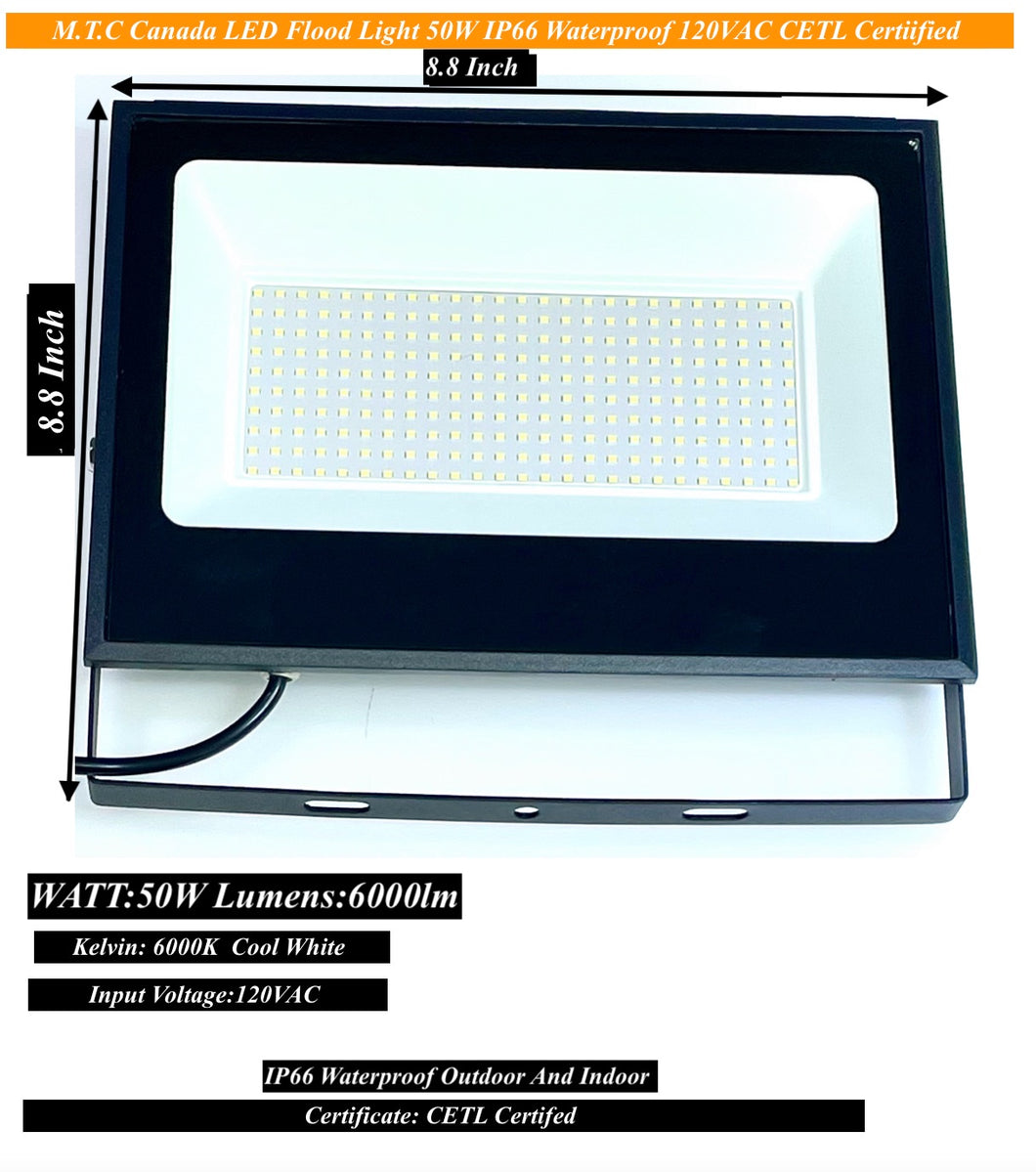 (Pack of 2 Or 4 to choose ) M0640: M.T.C Canada LED Flood Light 50W 6000lm 6000K Cool White Input Voltage AC120V CETL Waterproof Ip65