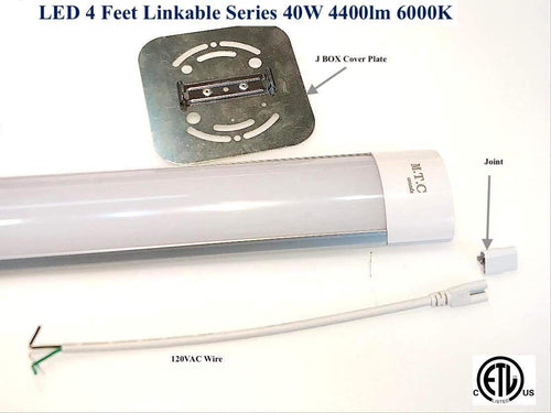 M0151 4 Feet LED Linear Linkable Light Fixture 4 feet Only 0.85 inch Thickness  Pack of 4 Pcs 40W 6000K 4400Lm With 4 Inch Junction BOX Cover Plate 100V-277V CETL Certified