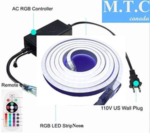 M0468 : LED Neon Rope Light 25M(82.5 Feet) Roll RGB  With Remote IR Controller 110V 120LED/M Outdoor & Indoor Use IP66 With 110V Flat US Wall Plug connector Comes With 20 Pcs Holding Clip .
