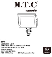 (Pack of 2 Piece) M0661: M.T.C Canada LED 80W=800W Hhalogen 6000K Flood Light 10,000lm Ip65 Input 120AC with Knuckle and J Box Fitting Plate CUL