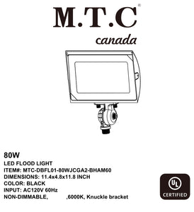 (Pack of 2 Piece) M0661: M.T.C Canada LED 80W=800W Hhalogen 6000K Flood Light 10,000lm Ip65 Input 120AC with Knuckle and J Box Fitting Plate CUL