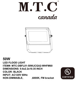 (Pack of 2 Piece) M0660: M.T.C Canada LED 50W=500W Halogen 6000K Flood Light 6250lm Ip65 Input 120AC with Flush Mount Bracket CUL