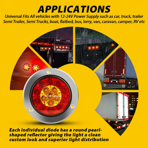 M0605 : 4" Round Red/Amber 16 LED Truck Trailer RV Brake Stop Turn Signal Tail Lights (Pack of 4 Pcs)