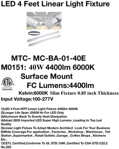 ( Pack of 10 ) M0151 / 6K Linkable series :M.T.C Canada  4 Feet LED Linear Linkable Light Fixture  40W 6000K 4400Lm With 4 Inch Junction BOX Cover Plate 100V-277V CETL