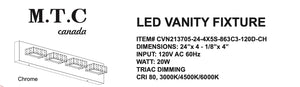 M0563 : M.T.C Canada Square Crystal LED Vanity 24 Inch LED Bath Vanity Wall Mounted Bathroom Fixture Input Voltage 120VAC 20W Triac Dimmable 3CCT(3000K/4500K/6000K ) Change Colour With Button CETL