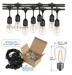 M0322:LED String Lights, Outdoor, Non -Dimmable, 48ft Commercial-Grade Light Strand, 15 Bulbs Included 120V IP65 Weatherproof CETL Listed