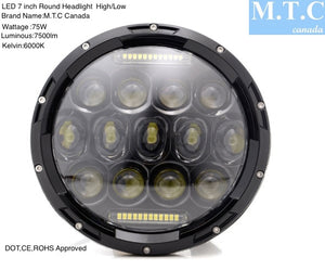 M0205 LED 7 inch Round Headlight with Hi/Low Beam 75W,7500lm,6000K Cool White,DOT App Pack of 2 Pcs