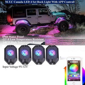 (4 Pods) M0382 : M.T.C Canada RGB LED Rock Lights Multicolor Neon LED Light Kit w/Bluetooth Controller, Timing, Flashing, Music Mode for Underglow Off Road Truck SUV - 4 Pods