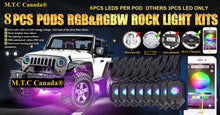 (8 Pods ) M0383:M.T.C Canada RGB LED Rock Lights Multicolor Neon LED Light Kit w/Bluetooth Controller, Timing, Flashing, Music Mode for Underglow Off Road Truck SUV