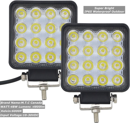 M0465 : Pack of 2 M.T.C Canada® 4 inch 48W Square LED Work Light Bar Flood Beam 4800 Lumens 6000k for ATV Jeep 4x4 Trailer Fishing Boat Tractor Truck