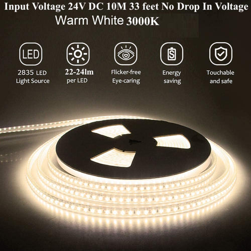 M0449: LED Strip Lights IP44 Waterproof 33ft 1200 LEDs 2835 SMD 24V DC 3000K/6000K/Blue Colour Available Outdoor  LED Flexible Tape