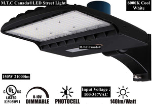 M0209:LED Street Light 150W 6000K, 21,000 lumen, AC 100-347VAC with Photocell 120° Beam Angle, IP65, Integrated Street Light for Straight/Round Pole with Slip On Filter Bracket CUL Certified