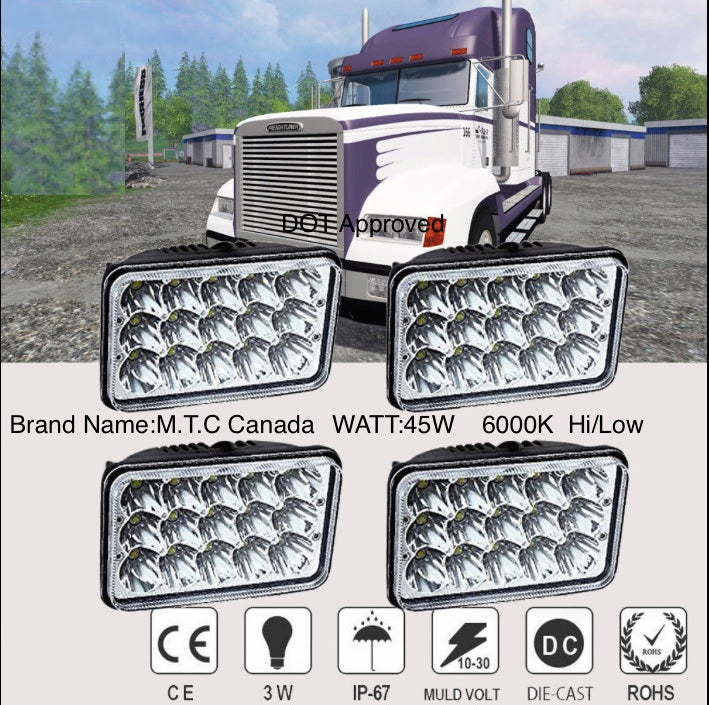 M0210 : Head Light series( No Mounting Bracket Included) LED Head Light 4x6 45W 6000K Hi/Low Off Road DOT Approved  Pack of 2 Pcs