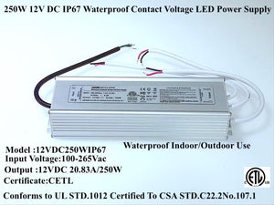 M0337: 250W 12VDC Low Voltage Transformer Waterproof IP67 Outdoor/Indoor Constant Voltage CETL Certified