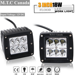 M0162 :M.T.C Canada (Pack of 2 Piece)18W Flood Beam Led Work Light 3X3" On Rack Bumper Grill Windshield Rzr Ranger Polaris Pods for Jeep Off road Ford Chevy GMC Hummer Bike Motorcycle Boat Backyard