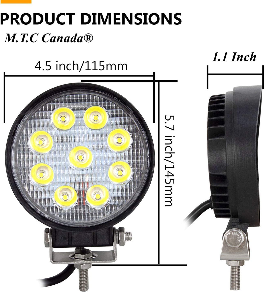 (Pack of 4 )M0160: 4 inch Round LED Light Off Road Application Work Light 27W 6000K IP67  Input 10-30VDC