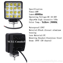 M0508 : ( Pack of 2 Piece )  M.T.C Canada Amber Yellow Led Work Light 12V, 48W 24V,3000K 4800Lm Lights Square Led Driving Light Bar Spot Working Lamp Fog