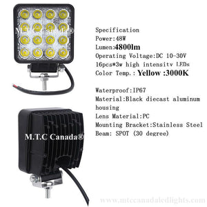 M0508 : ( Pack of 2 Piece )  M.T.C Canada Amber Yellow Led Work Light 12V, 48W 24V,3000K 4800Lm Lights Square Led Driving Light Bar Spot Working Lamp Fog