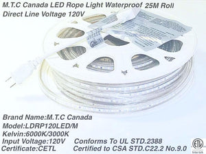 M0284/3K:M.T.C Canada LED Rope Light Dimmable 25M Roll 120 LED/M Direct Line Voltage 3000K Warm White CETL