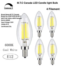 (Pack of 24 ) M0255 M.T.C Canada LED Candelabra Bulb, 4 Watt 440lm E12 Filament Candle Light Bulbs, CUL Certified Dimmable 60W Halogen Replacement, Chandelier Lights, E12 Screw Base,