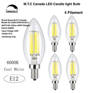 (Pack of 24 ) M0255 M.T.C Canada LED Candelabra Bulb, 4 Watt 440lm E12 Filament Candle Light Bulbs, CUL Certified Dimmable 60W Halogen Replacement, Chandelier Lights, E12 Screw Base,