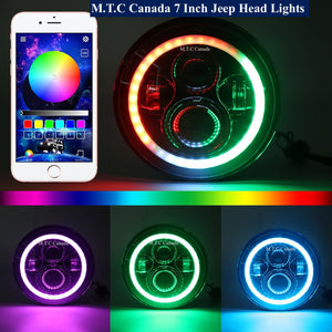 M0206 :M.T.C Canada 7 Inch Led Headlights 45x2 =90W 6000K RGB Halo Angel Eye with Amber Signal Bluetooth Remote Music Mode DOT