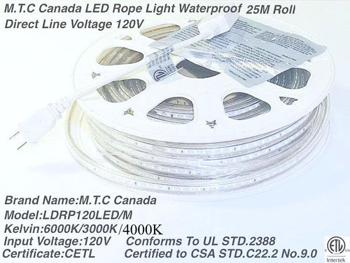 M0284/4K:M.T.C Canada LED Rope Light Dimmable 25M Roll 120 LED/M Direct Line Voltage 4000K Natural White CETL