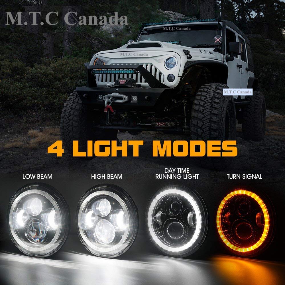 M0369:LED 7 inch Round Headlight with Hi/Low Beam With Halo 6000K And Amber On Turn Signal 45 Watt x2 Luminous:9000lm in Kit Colour Temperature: 6000K (Cool White), DOT,CE,ROHS