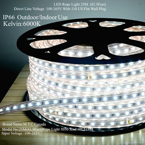 M0003 ( 6000K ) Cool White : LED Rope Light 25M Roll Outdoor/Indoor Use 6000K Cool White With 110V Flat Wall Plug
