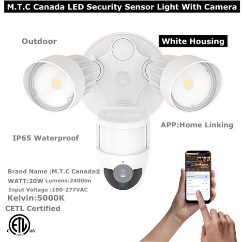 M.T.C Canada® LED Security Sensor Light with Camera Motion-Activated HD Security Cam Two-Way Talk 20W 2400lm 5000K Input Voltage 100-277VAC CETL Certified White Housing