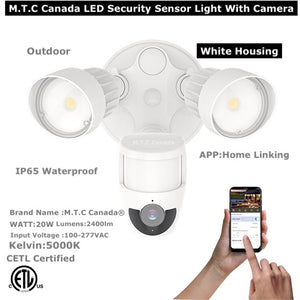 M0460: M.T.C Canada® LED Security Sensor Light With Camera 20W 2400lm 3000K - 5000K Motion-Activated HD Security Cam Two-Way Talk Input Voltage 100-277VAC CETL Certified Black Housing
