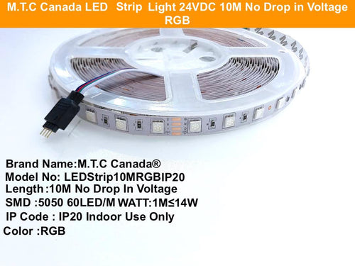 M0435 : M.T.C Canada LED Strip Light 24V DC RGB 5050 60LED/M Watt:1M≤14 10M ( 33 Feet ) Length No Drop In Voltage IP 20 Indoor Use Only