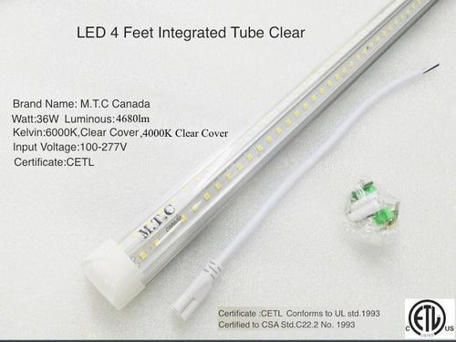 (Pack of 4 )M0254:LED T8 4 Feet Integrated Tube Light Fixture Linkable36W 4680lm(130lm/W) 4000K CETL Certified Double Row Can Be Link Together Up to 4 Piece